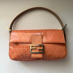Fendi orange patent leather zuchinno baguette