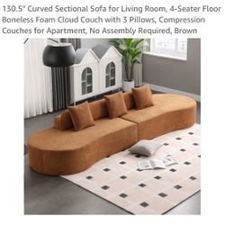 Curved Sectional Sofa for Living Room, 4-Seater Floor Boneless Foam Cloud Couch with 3 Pillows, Compression Couches for Apartment