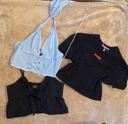 Three Women's Tops Bundle - Light Blue Halter, Black Tee, Black Crop