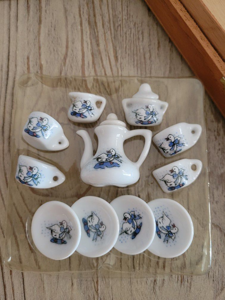 vintage mini tea set with blue goose motif