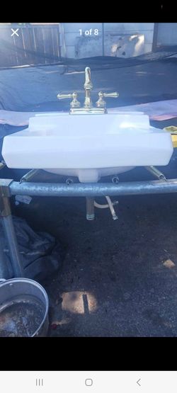 Complete 1966 Vintage Mid-Century Wall Sink with Gold Faucet & Bracket