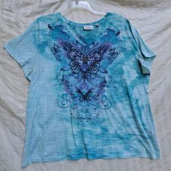 Avenue Blouse Women Sz 26/28 Blue Teal Purple Tie-dye Butterfly S Sleeve V Neck