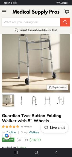 Guardian Two-Button Folding Walker with 5" Wheels