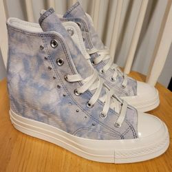 Converse Chuck 70 Women’s Hidden Wedge Platform Washed Denim White Sneakers Size 8 / NEW 
