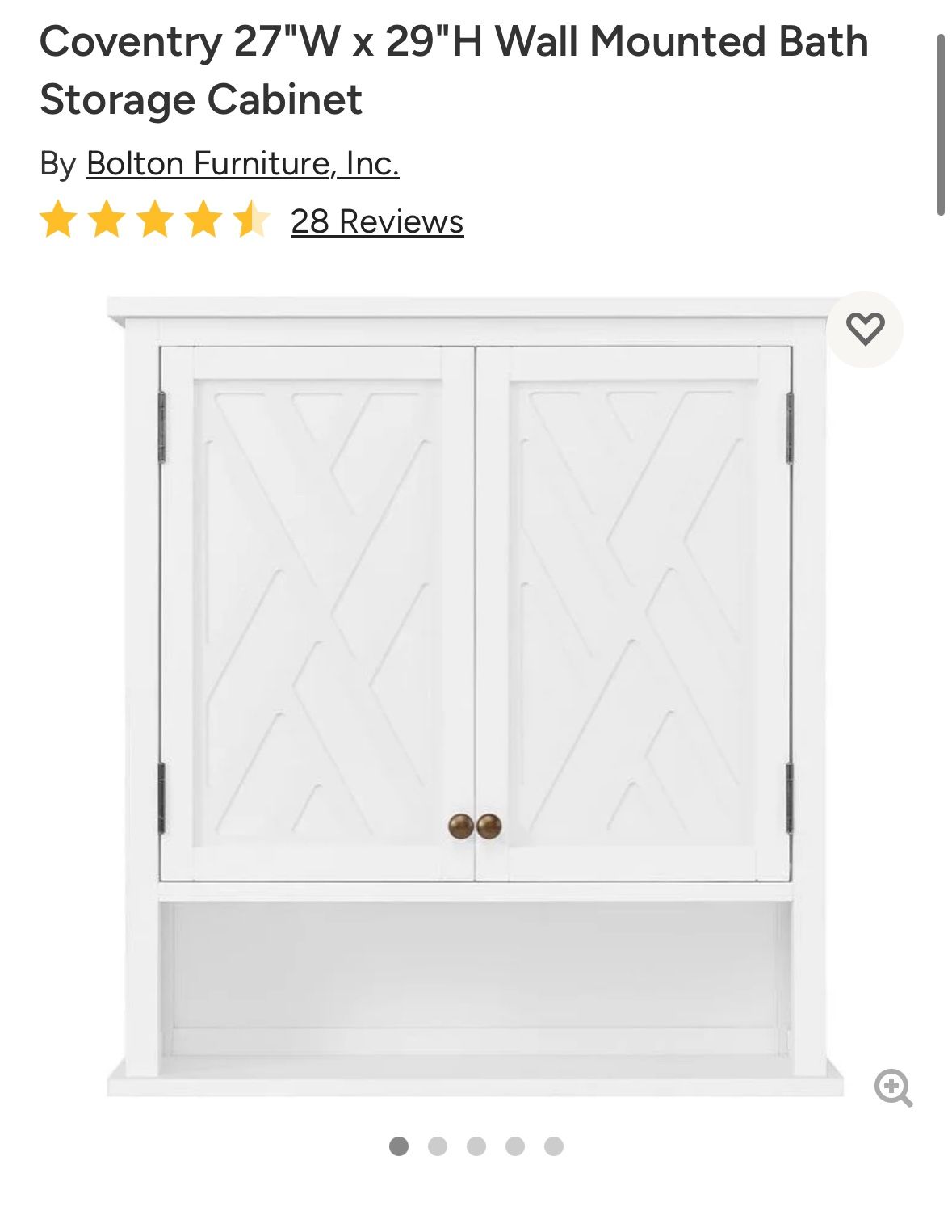 2 x Brand New! Coventry Wall Mounted Bath Storage Cabinets White - 27”Wx29”H