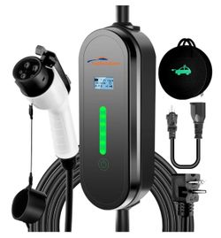 Brand New Portable EV Charger Level 1 & 2, 110V-240V, 8-16A Adjustable, NEMA 6-20 Plug with 5-15 Adapter, 17ft, Emergency Backup Travel Cable, Compati