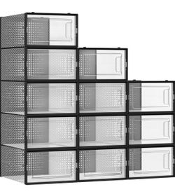 SONGMICS Shoe Boxes Storage Organizers Stackable Clear Plastic Boxes Set of 12 - Black