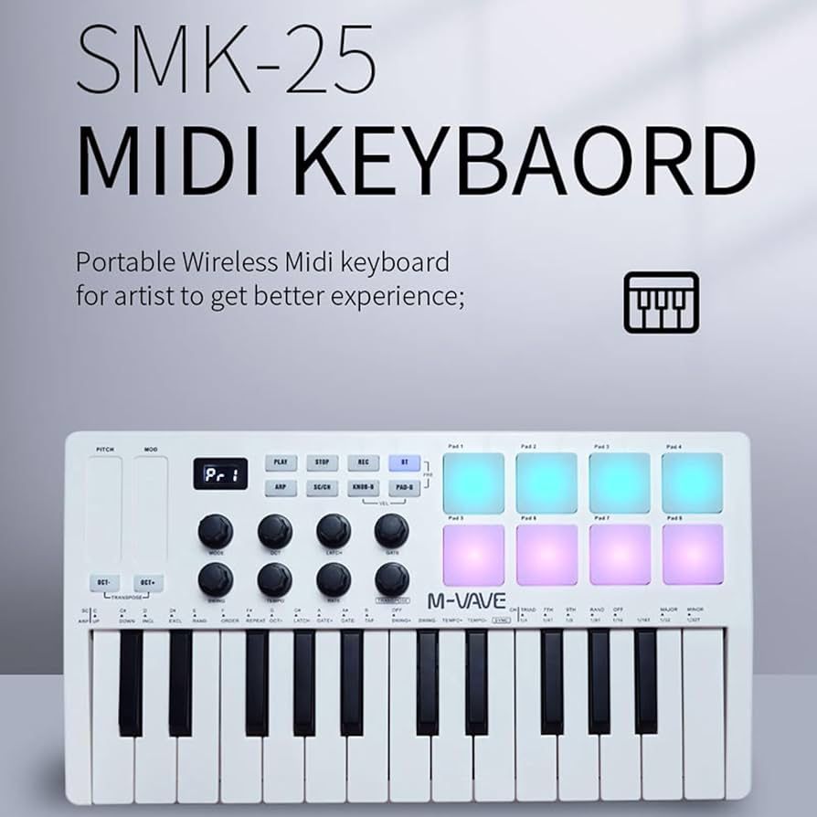 M Wave 25 Key USB MIDI Keyboard Controller With 8 Backlit Drum Pads
