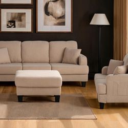 Brand New Beige Sofa & Loveseat w Storage Ottoman 