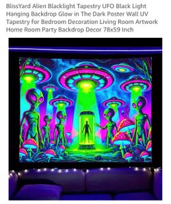 BlissYard Alien Blacklight Tapestry UFO Black Light Hanging Backdrop Glow in The Dark Poster Wall UV Tapestry for Bedroom Decoration Living Room Artwo
