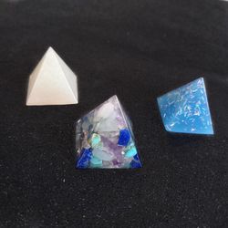 3 small resin pyramids white blue and multi gemstone turquoise amethyst lapis