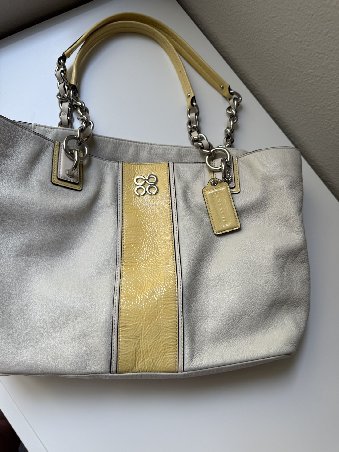 Coach Leather Tote Bag – Yellow & Cream – Authentic