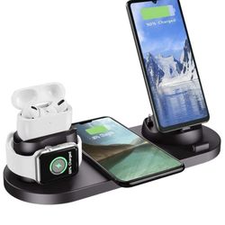 6 in 1 Charger Station Compatible with iPhone/Android/Type-C,(White- Black)