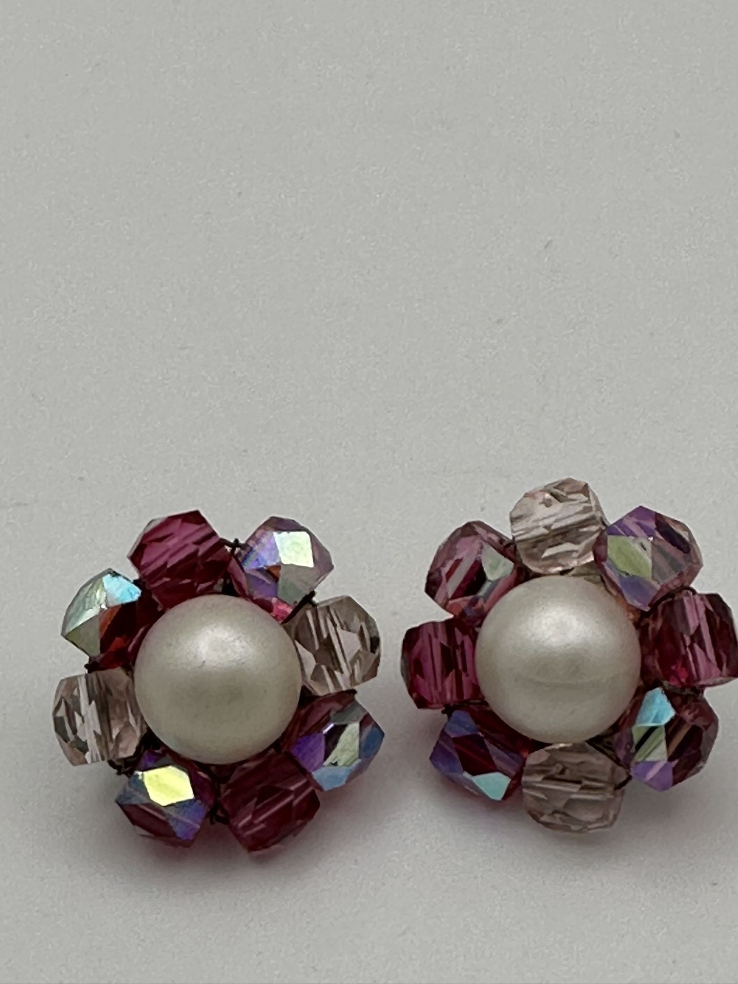 Vintage AB Beads Faux Pearls Clip On Earrings Signed Japan