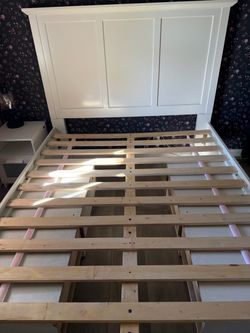 Queen (Living spaces) headboard, frame, slats with 4 drawers