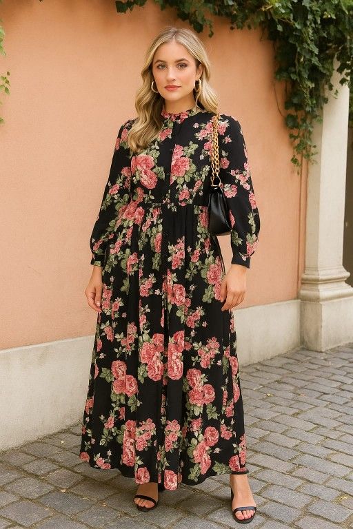 Black Floral Dress with Red and Green Accents