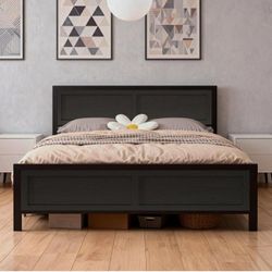 Queen Size Platform Bed Frame ( BLACK)  with Wooden Headboard and Footboard, Heavy Duty Steel 13 Slat Support(1000LBS), Under Bed Storage, No Box Spri