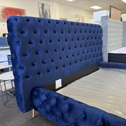 Queen Navy Blue Tufted Bed Frame With Gold Legs 