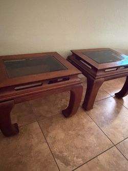 Pair of Asian-Style Wood and Glass End Tables