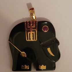 Black Onyx Elephant Pendant With Genuime Ruby Eyes & 14k Gold Accents 