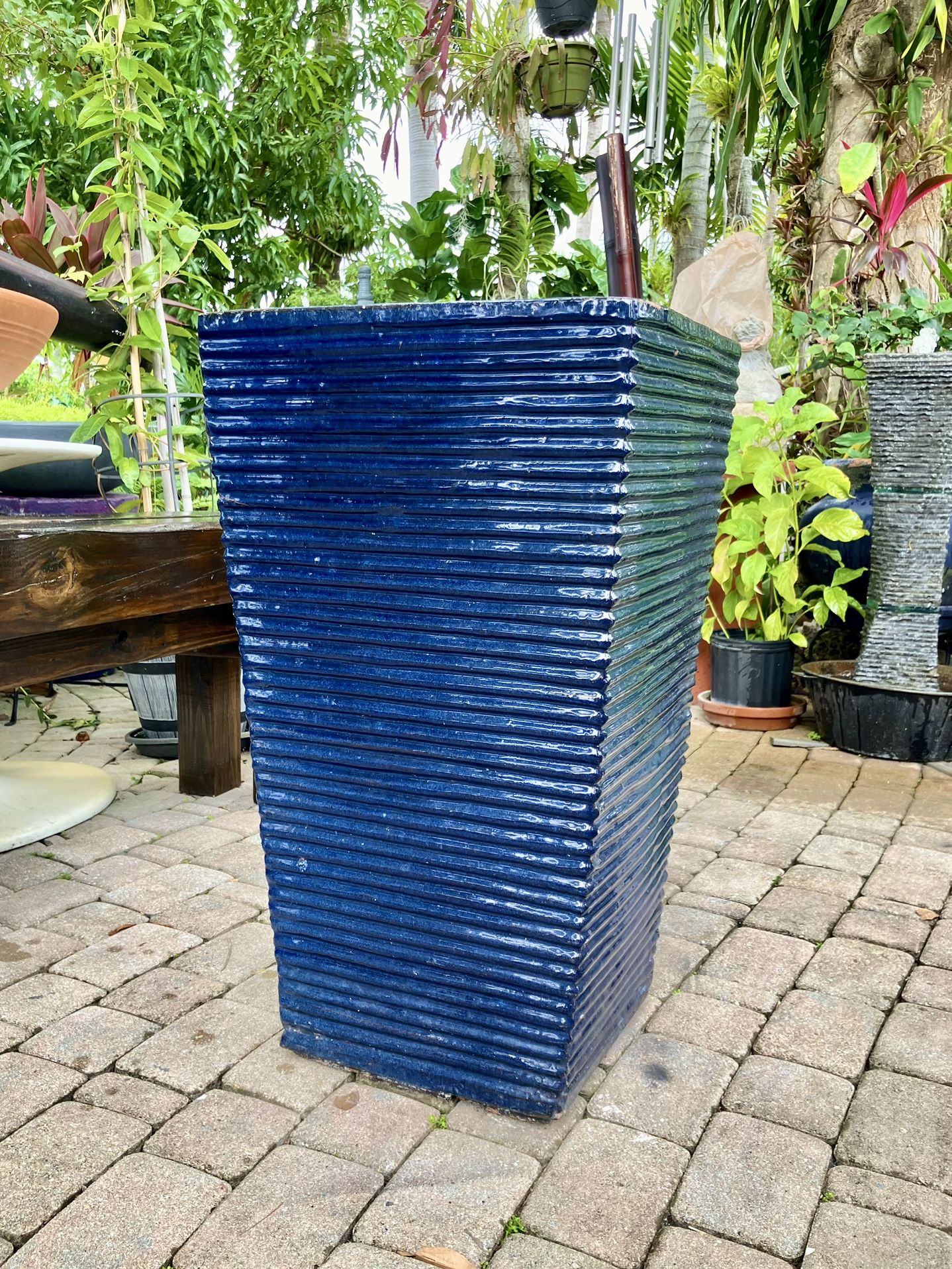 30.5” Blue Glazed Tapered Ceramic Pot/Planter: 17.5”W x 17.5”D x 30.5”H