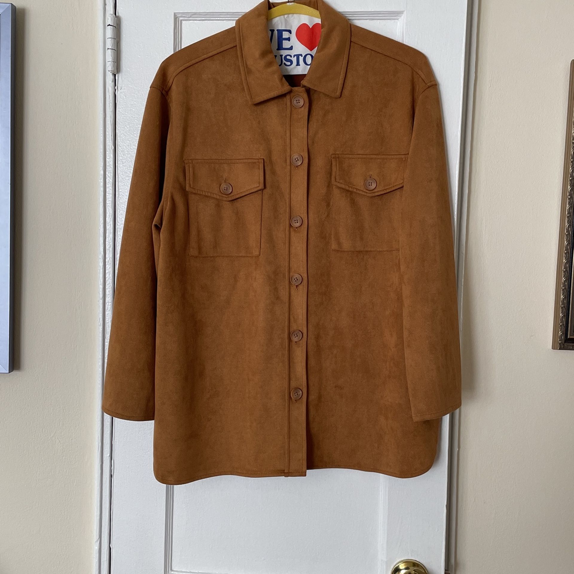 Fau Suede Camel Colored Light Jacket - Long Sleeve, Large