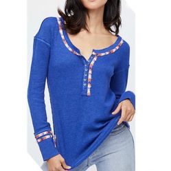 FREE PEOPLE Blue Multicolor Chevron Trim Happy Thermal Waffle Knit Henley Top