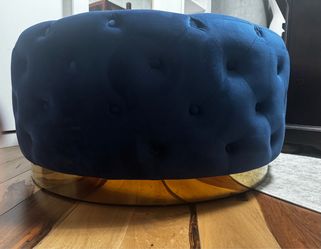 Blue Velvet Tufted Round Ottoman with Gold Base