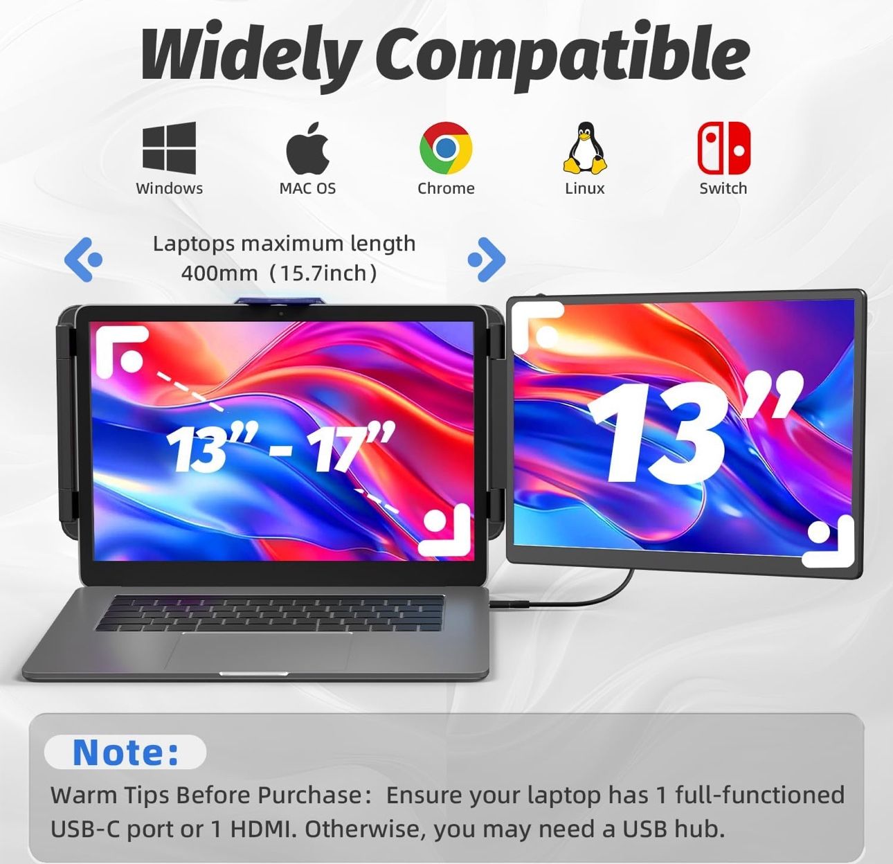2K Laptop Monitor Extender - 13" IPS 1440P Dual Monitor Attachment Laptop Plug & Play Multiple Screens for 13"-17" Laptop Compatible with Wins Mac Dex