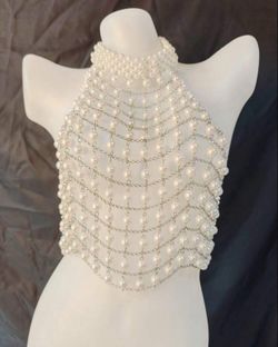 READY FOR BUY Unisex Sexy Sparkly Faux Pearl Decor Harness Bra Top, Revealing And Flattering Body Line, Fashionable Pearls Bikini Bra With Back Straps