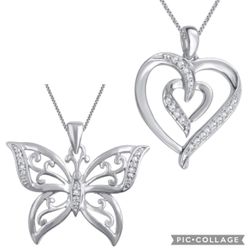 White Diamond Accent Rhodium Over Brass Heart And Butterfly Pendant Necklaces 