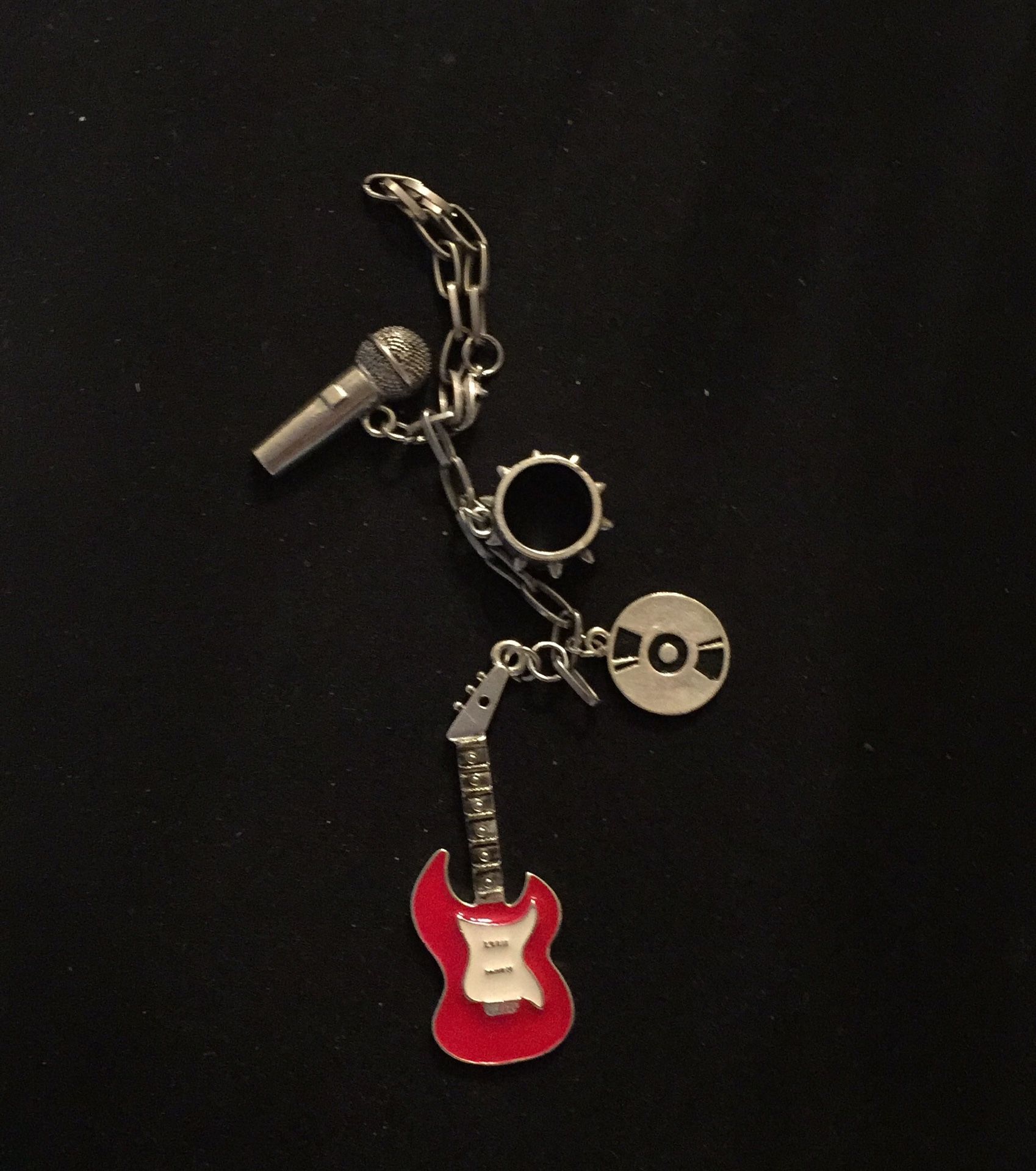 Guitar Charm with microphone and Record can be used to hang on car mirror or used as Keychain.