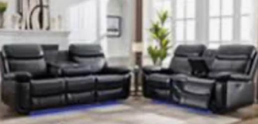 Black leather sofa set LED lights