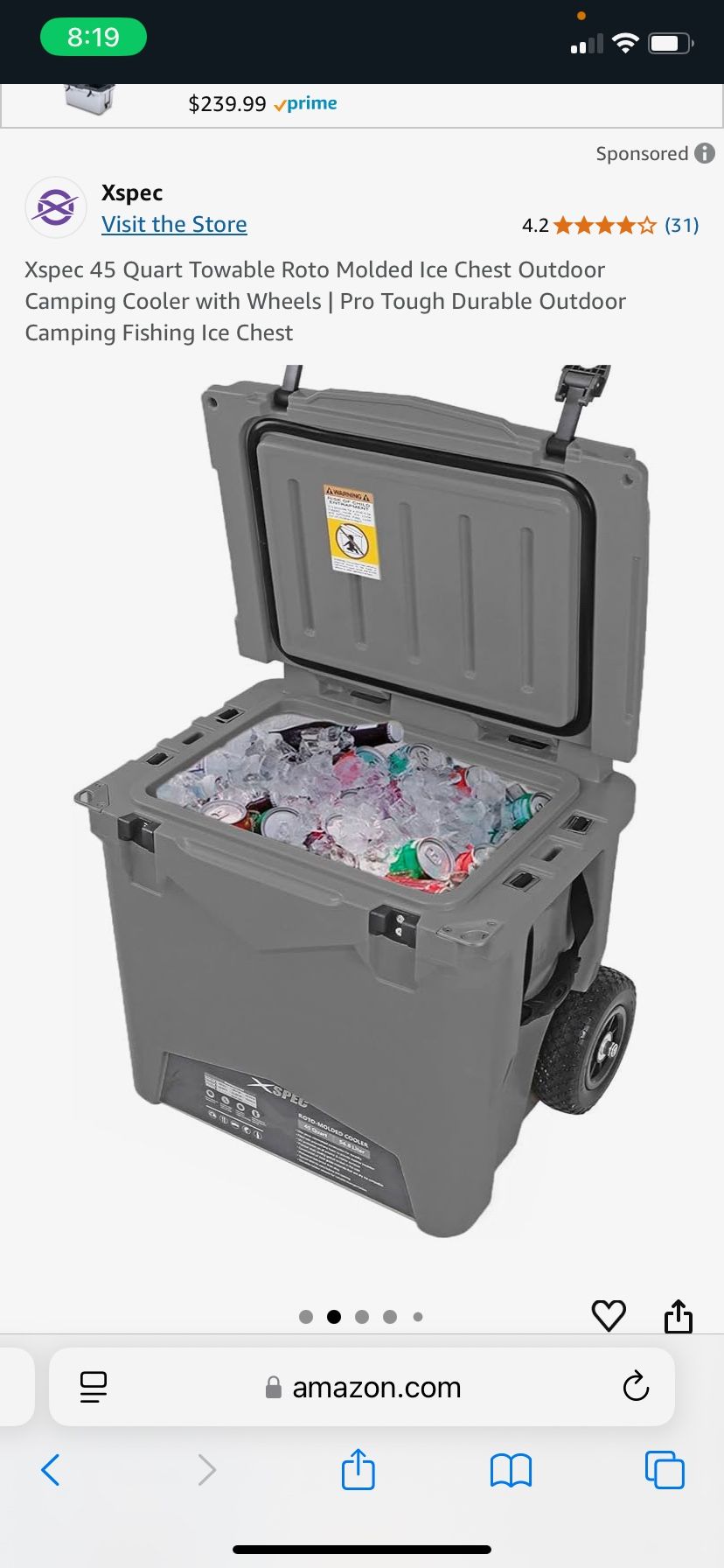 45 Quart Towable Roto Molded Ice Chest Outdoor Camping Cooler with