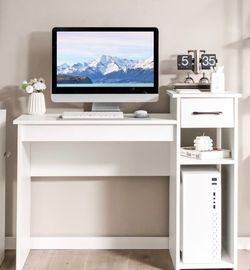 White Computer Desk with Drawer and Shelves