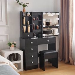 Makeup table with mirror and stool, makeup table with lighting, adjustable brightness, dressing table with 6 drawers and 6 shelves, modern chest of dr