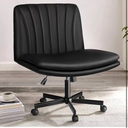 PUKAMI Criss Cross Chair with Wheels,PU Leather Armless Cross Legged Office Vanity Desk Chair for Home Office,Modern Swivel Height Adjustable Wide Sea