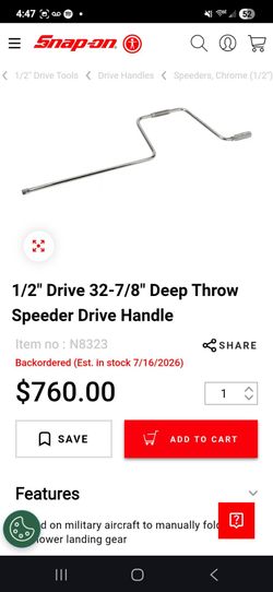 Snap-on 1/2" Drive 32-7/8" Deep Throw Speeder Drive Handle