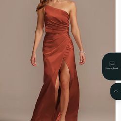 Galina Signature One-Shoulder Satin Bridesmaid Dress – Size 4 – Rust/Burnt Orange