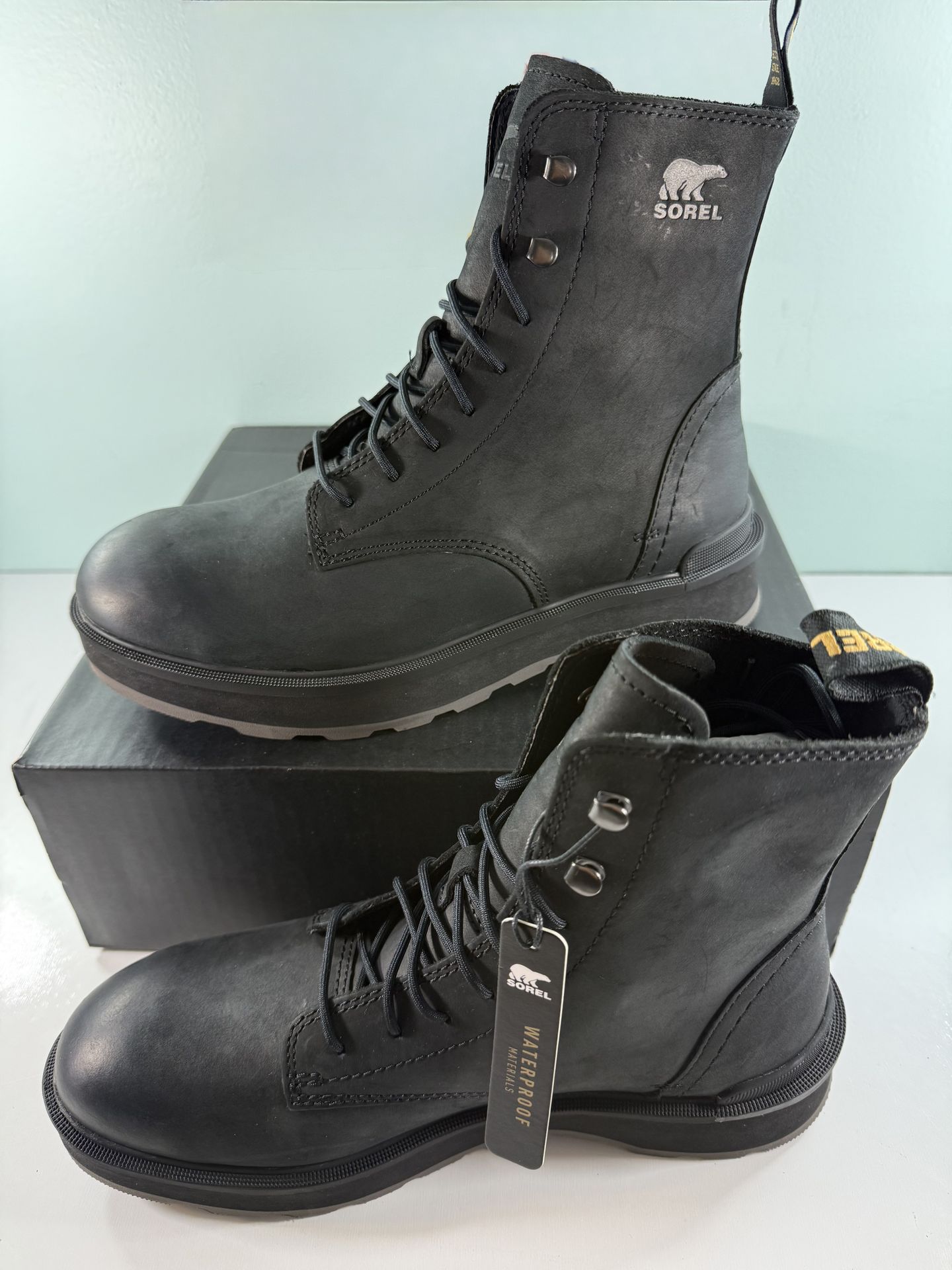Used Sorel Women's Black Jet Logo Graphic Hi-Line Lace Waterproof Boots - size 9
