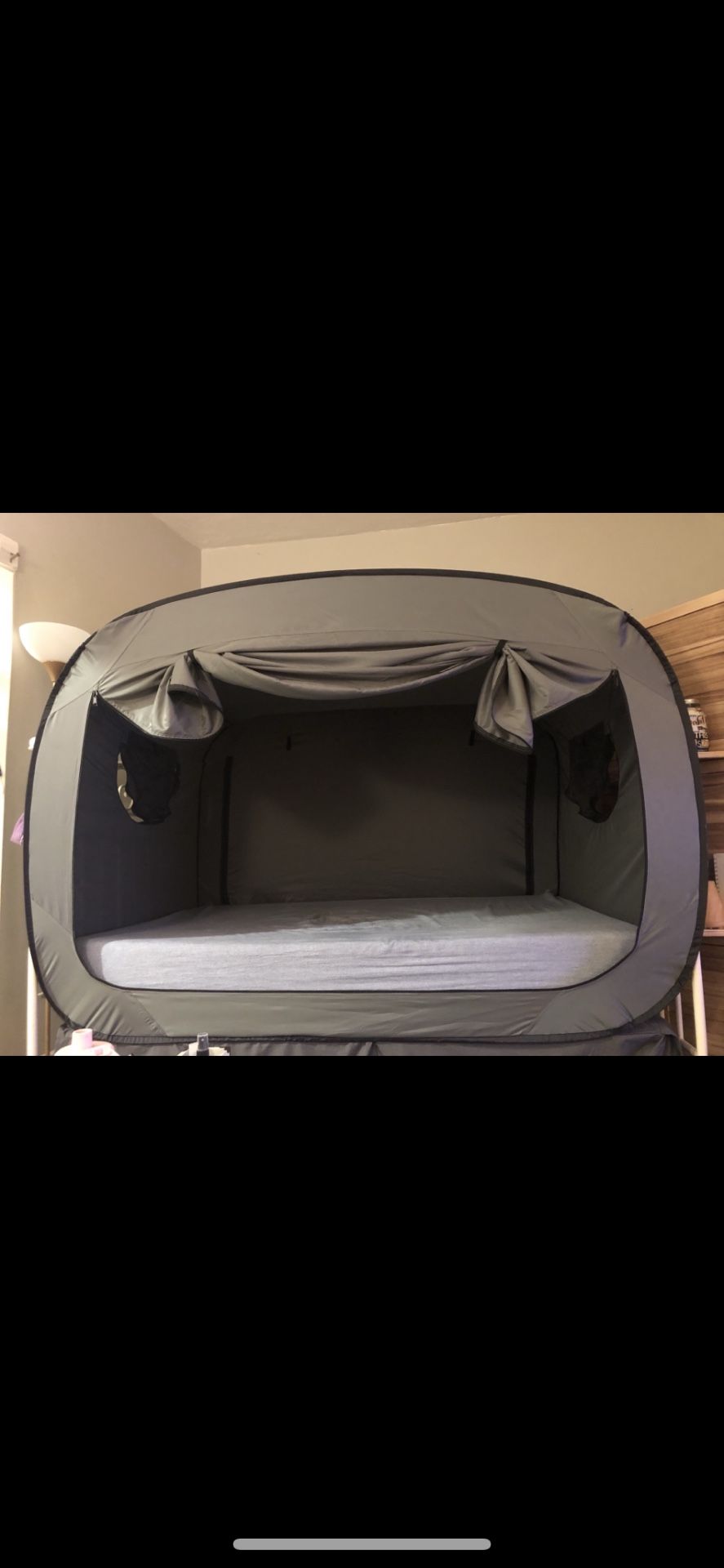 Grey Privacy Pop bed tent for full size bed