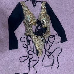 New medium gold metallic one piece swimsuit bodysuit festival rave outfit top