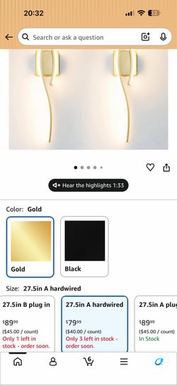 Modern Gold Wall Light Fixture Set of 2, RC Dimmable LED Wall Light Indoor, LED Wall Decor for Hallway Bedroom Living Room, Hardwired Wall Sconce with