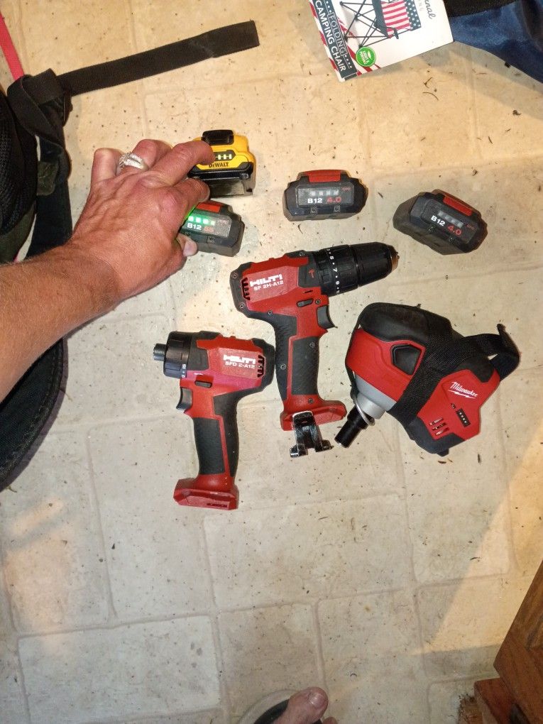 HILTI IMPACT DRILL & DRILL, MILWAUKEE HAND (PALM) NAILER AND BATTERIES