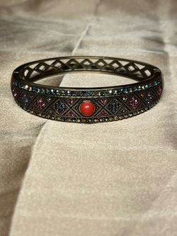 STUNNING HEIDI DAUS MODERN PINK & GOLD BRONZE CRYSTAL HINGED BANGLE BRACELET