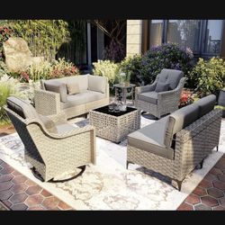 Ovios 8 Piece Outdoor Patio Furniture with Swivel Rocking Chair, Rattan Wicker Coversation Set with Glowing Coffee Table, Sectional Single Chairs for 