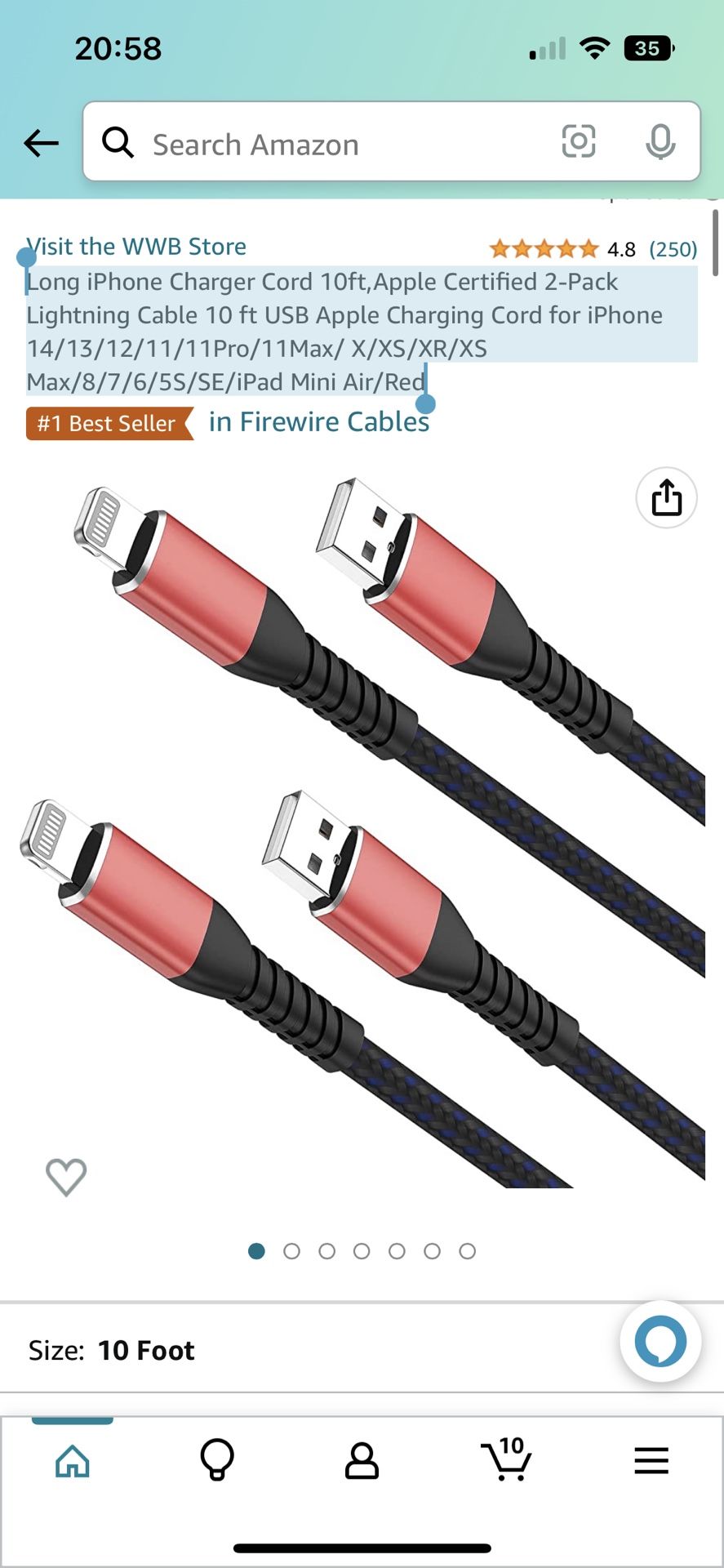 Long iPhone Charger Cord 10ft,Apple Certified 2-Pack Lightning Cable 10 ft USB Apple Charging Cord for iPhone 14/13/12/11/11Pro/11Max/ X/XS/XR/XS Max/