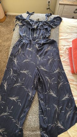 Navy Blue Floral Print Wide-Leg Jumpsuit
