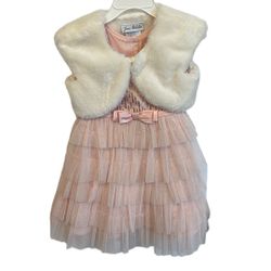 Jone Michelle Blush Formal Lace Glittery Dress w/ Fur Jacket Size 2T