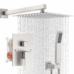 Shower Faucet Set with Shower Head, Wall Mount 10 Inch Square Rainfall Shower Head and Handle Set Single Handle Shower System Set with Female Threads 